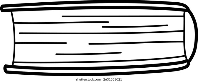 Eine lineare Zeichnung eines geschlossenen Buches mit sichtbaren Seiten und Buchrücken. Das Buch ist in einem einfachen, klaren Linienstil dargestellt. Cartoon, Vektorgrafik.