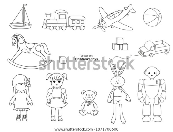 Linear\
drawing. Collection of children\'s toys: helicopter, plane, truck,\
train, Teddy bear, rabbit, dolls, wooden\
horse.