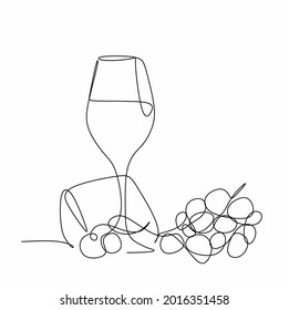 dibujo lineal de la composición con una sola línea de un vaso de vino, queso y uvas en estilo minimalista