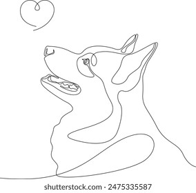 Linear drawing of corgi, dog and hearts. Dog is human best friend. Cute dog face, side view. Pet tattoo
