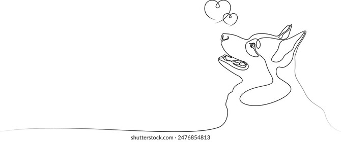 Dibujo lineal de corgi, perro y corazones. El perro es el mejor amigo humano. Cara de perro lindo, vista lateral. Tatuaje de mascota