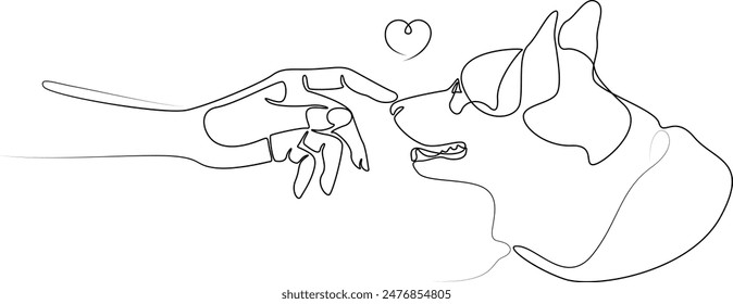 Linear drawing of a corgi and a human hand. Dog is human best friend. Cute dog face, side view. Pet tattoo. The female hand touches the nose of the dog