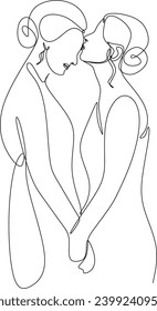  Linear drawing of a couple of girlfriends and sisters. LGBT wedding. Fashion, friendship and love concept. Black and white line drawn by hand without artificial intelligence. Abstract vector illustra