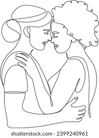  Linear drawing of a couple of girlfriends and sisters. LGBT wedding. Fashion, friendship and love concept. Black and white line drawn by hand without artificial intelligence. Abstract vector illustra