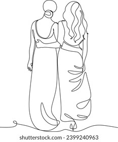  Dibujo lineal de un par de novias y hermanas. Boda LGBT. Moda, amistad y concepto de amor. Línea blanca y negra dibujada a mano sin inteligencia artificial. Ejemplo de vector abstracto