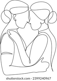  Linear drawing of a couple of girlfriends and sisters. LGBT wedding. Fashion, friendship and love concept. Black and white line drawn by hand without artificial intelligence. Abstract vector illustra
