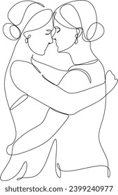 Linear drawing of a couple of girlfriends and sisters. LGBT wedding. Fashion, friendship and love concept. Black and white line drawn by hand without artificial intelligence. Abstract vector illustra