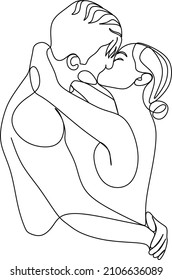 Linear drawing of a couple in love. A man and a woman kiss. Hand drawn vector illustration without artificial intelligence.