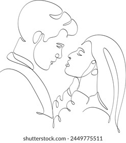 Linear drawing of a couple in love. A man and a woman kiss. Hand drawn vector illustration without artificial intelligence.