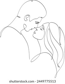 Linear drawing of a couple in love. A man and a woman kiss. Hand drawn vector illustration without artificial intelligence.