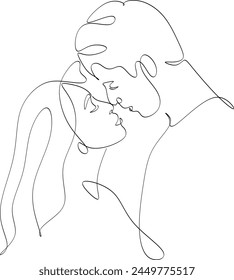 Linear drawing of a couple in love. A man and a woman kiss. Hand drawn vector illustration without artificial intelligence.