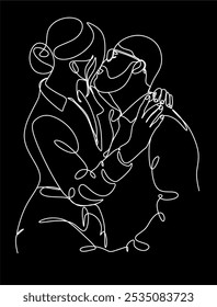 Linear drawing of a couple in love man and woman. Kiss. ​​Valentine's day. Love. Wedding couples. Vector illustration, hand drawn lines.