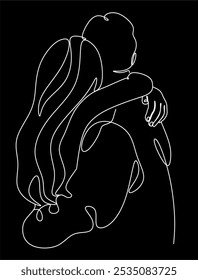 Linear drawing of a couple in love man and woman. Kiss. ​​Valentine's day. Love. Wedding couples. Vector illustration, hand drawn lines.