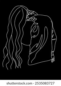Linear drawing of a couple in love man and woman. Kiss. ​​Valentine's day. Love. Wedding couples. Vector illustration, hand drawn lines.