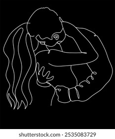 Linear drawing of a couple in love man and woman. Kiss. ​​Valentine's day. Love. Wedding couples. Vector illustration, hand drawn lines.