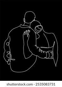 Linear drawing of a couple in love man and woman. Kiss. ​​Valentine's day. Love. Wedding couples. Vector illustration, hand drawn lines.