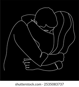 Linear drawing of a couple in love man and woman. Kiss. ​​Valentine's day. Love. Wedding couples. Vector illustration, hand drawn lines.