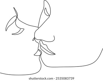 Linear drawing of a couple in love man and woman. Kiss. ​​Valentine's day. Love. Wedding couples. Vector illustration, hand drawn lines.