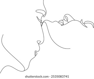 Linear drawing of a couple in love man and woman. Kiss. ​​Valentine's day. Love. Wedding couples. Vector illustration, hand drawn lines.