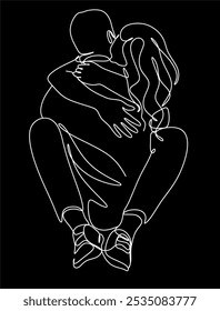 Linear drawing of a couple in love man and woman. Kiss. ​​Valentine's day. Love. Wedding couples. Vector illustration, hand drawn lines.