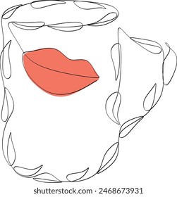 Linear drawing of a cup with petals. Continuous drawing without artificial intelligence