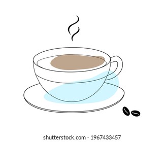 Lineare Zeichnung einer Tasse und Untertasse. Der Schlamm ist mit Kaffee gefüllt. Morgen Kaffee. Kaffeebohnen. Vektorgrafik