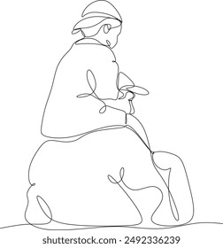 Linear drawing of dad and child resting together. Manual work without artificial intelligence