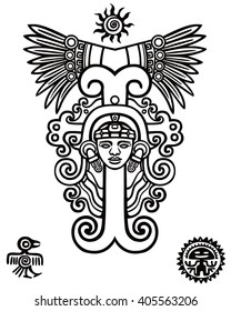 Linear drawing: decorative image of an ancient Indian deity. The black isolated silhouette on a white background.