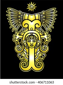 Linear drawing: decorative image of an ancient Indian deity. The yellow isolated silhouette on a black background. Gold imitation.