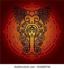 Linear drawing: decorative image of an ancient Indian deity. Mystical circle. Vector illustration.