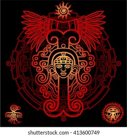 Linear drawing: decorative image of an ancient Indian deity. Mystical circle. Symbols of the sun, bird, person. Vector illustration.