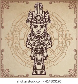 Linear drawing: decorative image of an ancient Indian deity. Magic circle. A background - imitation of old paper.