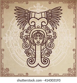 Linear drawing: decorative image of an ancient Indian deity. Magic circle. A background - imitation of old paper.
