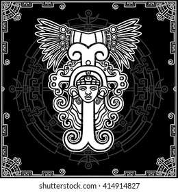 Linear drawing: decorative image of an ancient Indian deity. Magic circle. Black and white vector illustration.