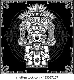 Linear drawing: decorative image of an ancient Indian deity. Magic circle. Black and white vector illustration.