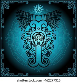 Linear drawing: decorative image of an ancient Indian deity. Mystical circle. Sun symbol, decorative frame. Vector illustration. Print, posters, t-shirt, textiles.