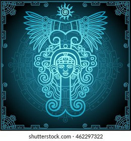 Linear drawing: decorative image of an ancient Indian deity. Mystical circle. Sun symbol, decorative frame. Vector illustration. Print, posters, t-shirt, textiles.