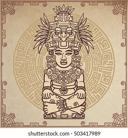 Linear drawing: decorative image of an ancient Indian deity. Magic circle. A background - imitation of old paper. Vector illustration.