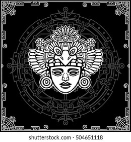 Linear drawing: decorative image of an ancient Indian deity. Magic circle.  Vector black-and-white illustration.