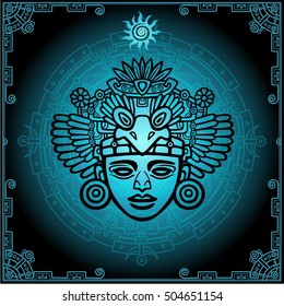 Linear drawing: decorative image of an ancient Indian deity. Magic circle.  Vector illustration.