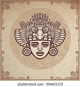 Linear drawing: decorative image of an ancient Indian deity. Magic circle. A background - imitation of old paper. Vector illustration.