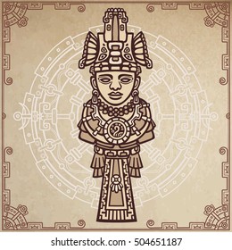 Linear drawing: decorative image of an ancient Indian deity. Magic circle. A background - imitation of old paper. Vector illustration.
