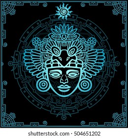 Linear drawing: decorative image of an ancient Indian deity. Magic circle.  Vector illustration.