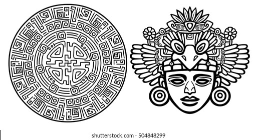 Linear drawing: decorative image of an ancient Indian deity. Magic circle. Vector illustration: the black silhouette isolated on a white background.