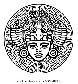 Linear drawing: decorative image of an ancient Indian deity. Magic circle. Vector illustration: the black silhouette isolated on a white background.