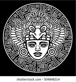 Linear drawing: decorative image of an ancient Indian deity. Magic circle. Vector illustration: the white silhouette isolated on a black background.