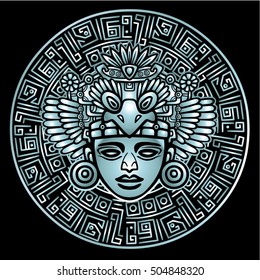 Linear drawing: decorative image of an ancient Indian deity. Magic circle. Silver imitation. The vector illustration isolated on a black background.