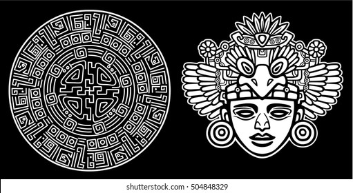 Linear drawing: decorative image of an ancient Indian deity. Magic circle. Vector illustration: the white silhouette isolated on a black background.