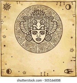 Linear drawing: decorative image of an ancient Indian deity. Space symbols. A background - imitation of old paper. Vector illustration.