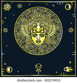 Linear drawing: decorative image of an ancient Indian deity. Space symbols. Gold imitation.  Vector illustration isolated on a black background.